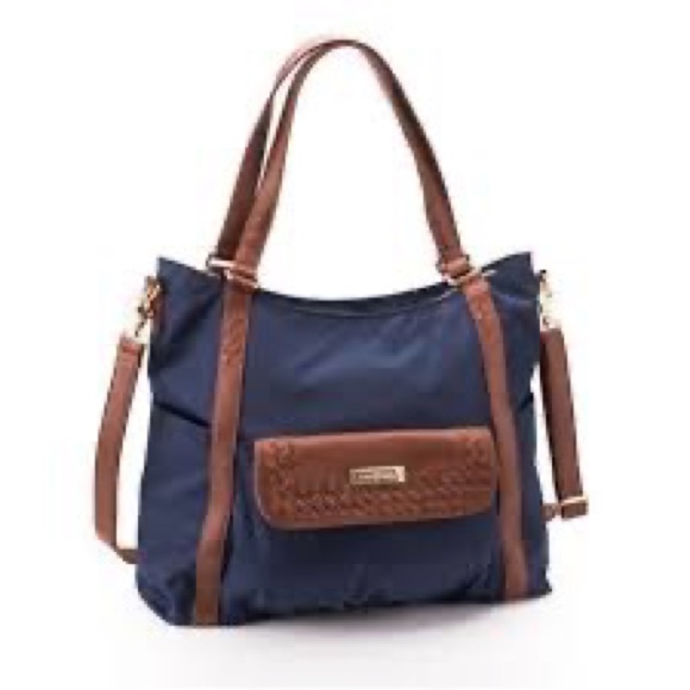 Lily Jade Navy blue brown leather Diaper bag convertible EUC